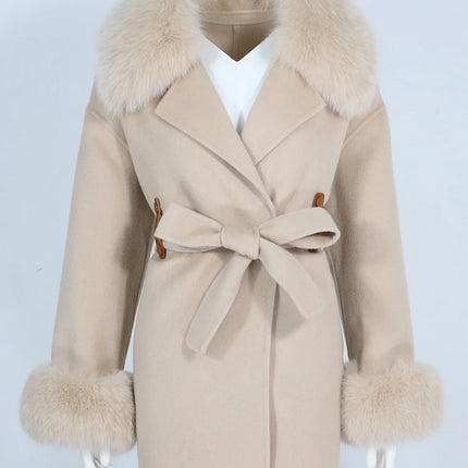 OFTBUY Real Fur Coat Winter Jacket Women Natural Fox Fur Collar Cuffs Belt Cashmere Wool Woolen Ladies Outerwear Streetwear