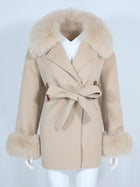 OFTBUY Real Fur Coat Winter Jacket Women Natural Fox Fur Collar Cuffs Belt Cashmere Wool Woolen Ladies Outerwear Streetwear