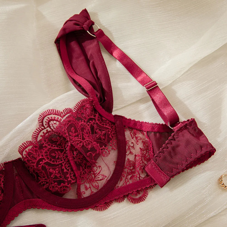 Toucheart Erotic Lingerie New Burgundy Embroidered Underwear Set Sexy Deep V Push-up Hot Bra Hollow See-through Panties Forwomen