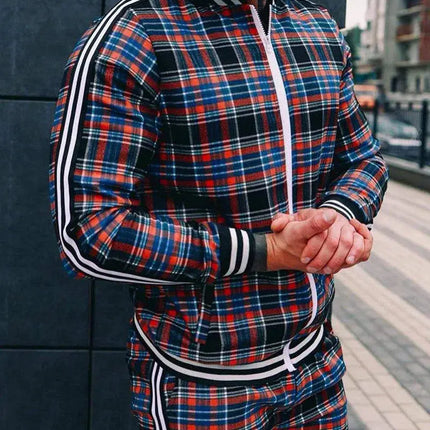2025 Men Tracksuit 2pc Set Gym Hiking Plaid Zipper Hoodie Cargo Pants Autumn Athleisure Outfit Fleece Jogger Sportswear PlatiNum