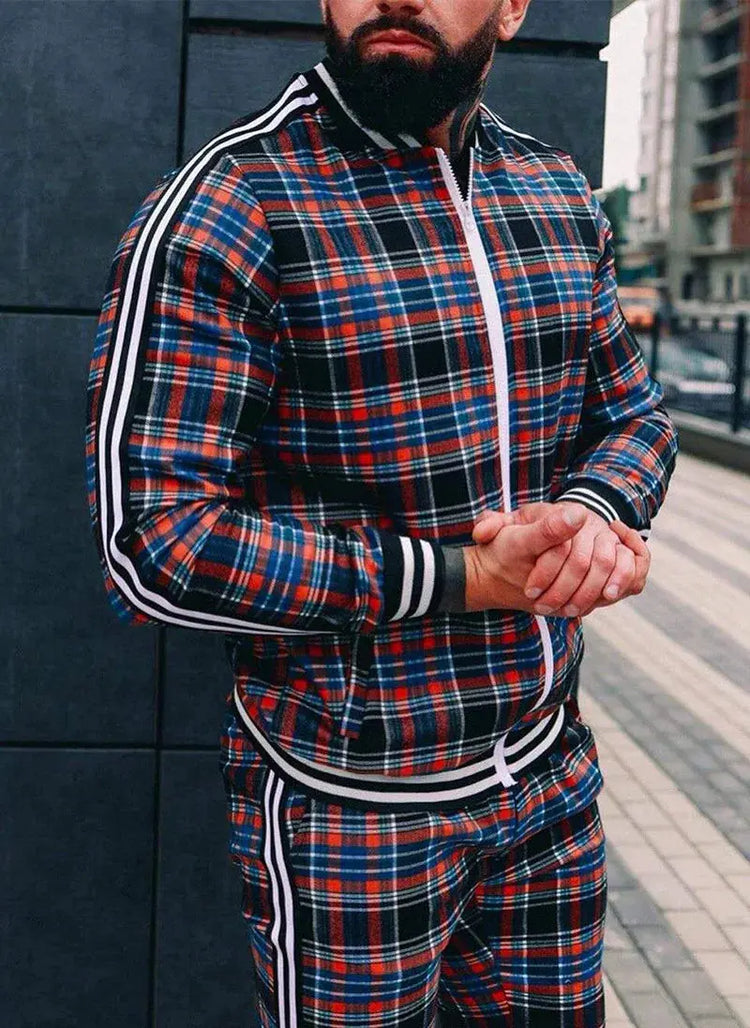 2025 Men Tracksuit 2pc Set Gym Hiking Plaid Zipper Hoodie Cargo Pants Autumn Athleisure Outfit Fleece Jogger Sportswear PlatiNum