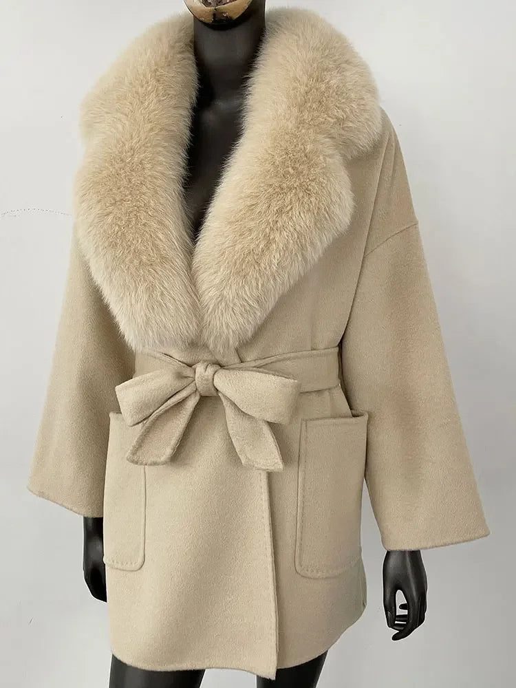 CXFS 2025 Winter Fashion Women Double-sided Wool Cashmere Coat with Detachable Natural Fox Fur Collar New design suit collar