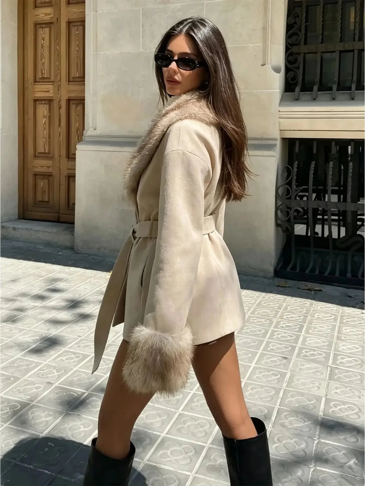 Women Faux Fur Collar Belted Waist Short Coat Elegant Furry Cuff Lapel Wrap Winter Outerwear