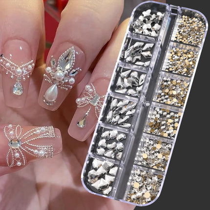 12 Grids Mixed Size Nail Rhinestones SS6 to SS30 Shiny Clear Gold Pink Blue Flat Back Glass Gems for DIY Nail Art Manicure Decoration Supply