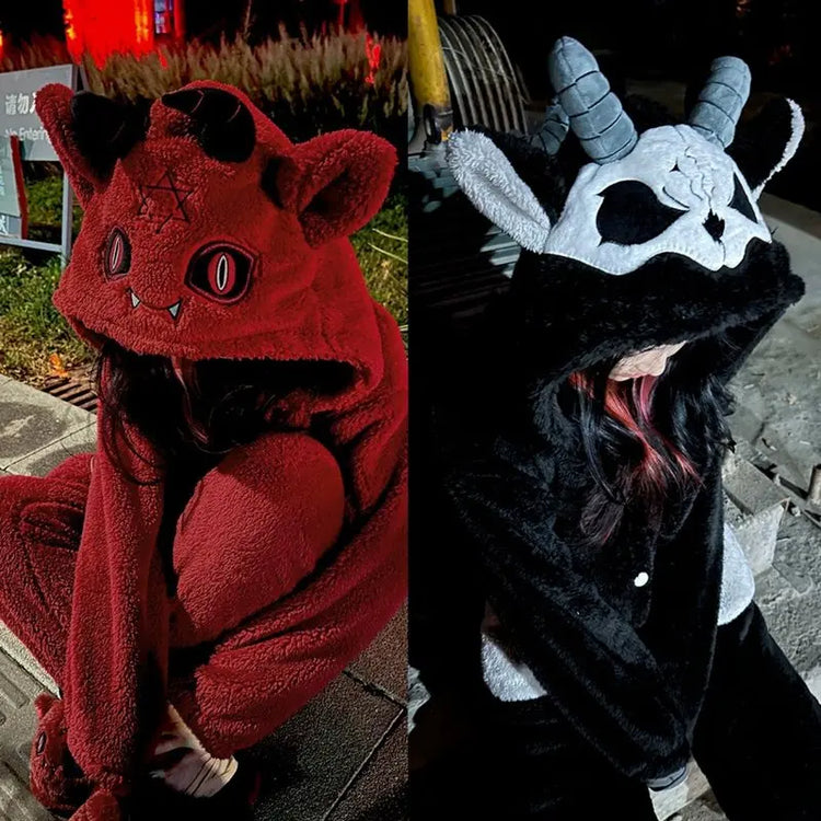 Virtual Alice Dark Gothic Demon Death Skull Horned Hooded Robe Thickened Coral Fleece Winter Warm Long Sleepwear Loungewear
