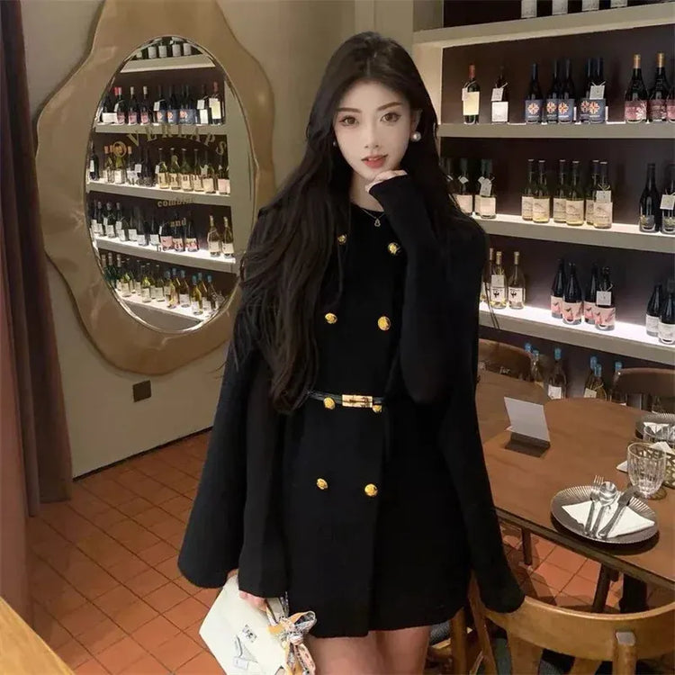 High end Casual Simple and Trendy New Cape Double Row Knitted Woolen Coat 2026 Autumn Waist Cinching Fashionable Slimming Coat