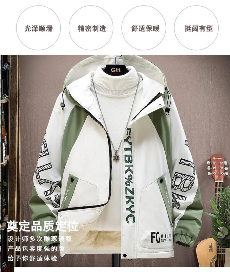 Winter Warm Hooded patchwork Jacket+Pant 2-piece Set Men Set Sports Suit Fleece Thickened Sportswear Casual Men Tracksuit