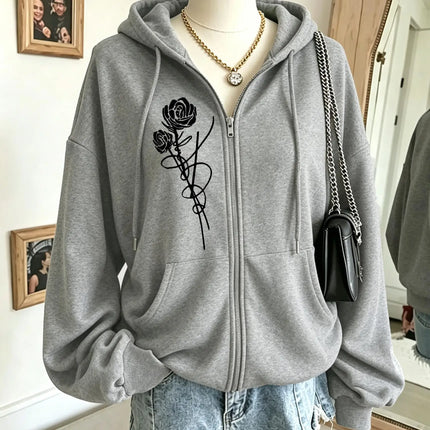 Roses And Positive Short Sentences Printing Zipper Hoodies Women Autumn Korean Hoodie Loose Pocket Sportswear Fleece Clothing