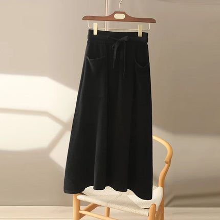 Autumn And Winter100% Pure Wool Skirt Women's Long Pocket Small A Skirt High Waist Slim Cashmere Knit A-Line Skirt PlatiNum