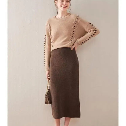 Women'S Winter Wool Skirt Knitted Hip Hugging Skirt Mid Length High Waist Large Thickened Slit One-Step Skirt Ropa Para Mujer PlatiNum