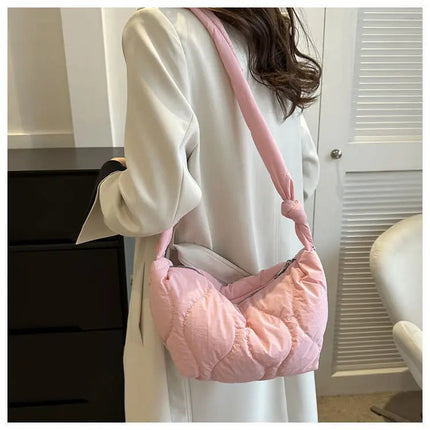 Puffer Shoulder Bag for Women Soft Down Cotton Padded Tote Handbag Purse Quilted Cross Body Bag Solid Color Bubbles Cloud Bag PlatiNum