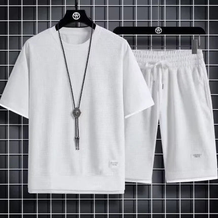 2026 nuovi set di waffle da uomo estivi T-shirt e pantaloncini casual Set tuta sportiva maschile tuta tinta unita abiti larghi platinumshop
