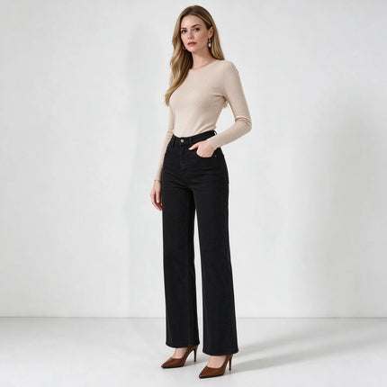 Women's Black Flared Jeans, High Waist, Stretch Denim, Loose Fit, Stitching Details, Elegant Casual Style, Fashionable Trousers, Perfect for All Seasons, Sizes Xs-Xl，Fx1338-1
