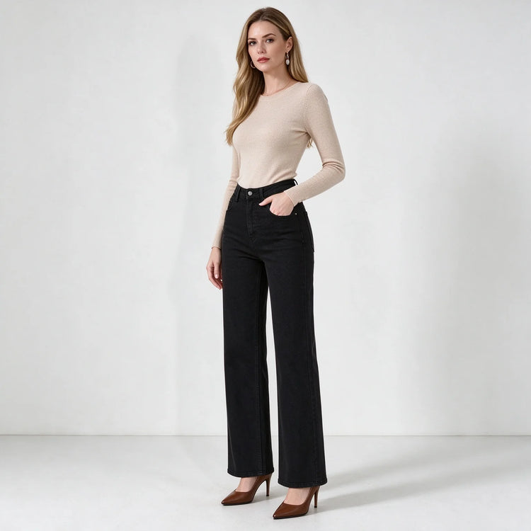 Women's Black Flared Jeans, High Waist, Stretch Denim, Loose Fit, Stitching Details, Elegant Casual Style, Fashionable Trousers, Perfect for All Seasons, Sizes Xs-Xl，Fx1338-1