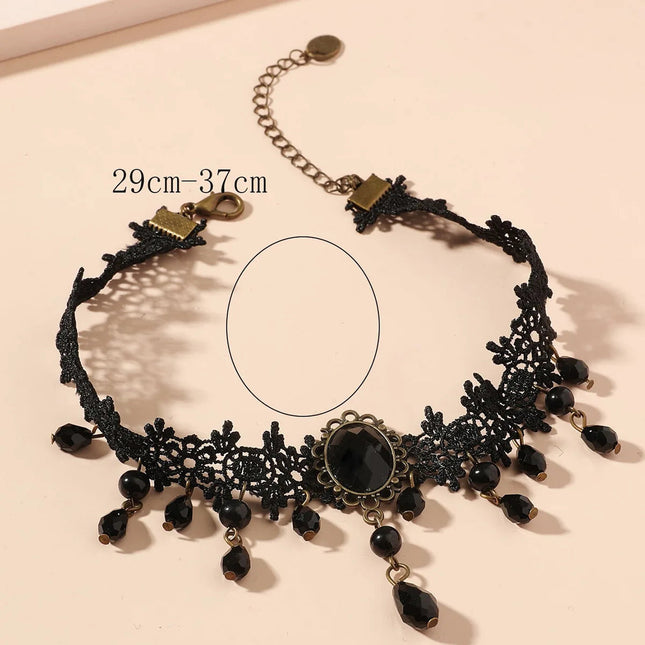 Vintag Classic Gothic Lace Choker for Women Black Crystal Pendant Charm Choker Necklaces Boho Clavicle Jewelry Christmas Gifts PlatiNum