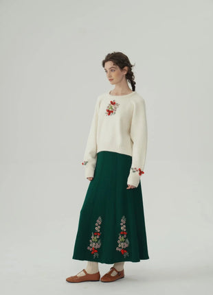 62-96cm Waist Fall Winter Long Skirts Women Elegant Handmade Embriodery Crochet Red Fruit Cashmere Wool Knitted Emerald Skirts PlatiNum