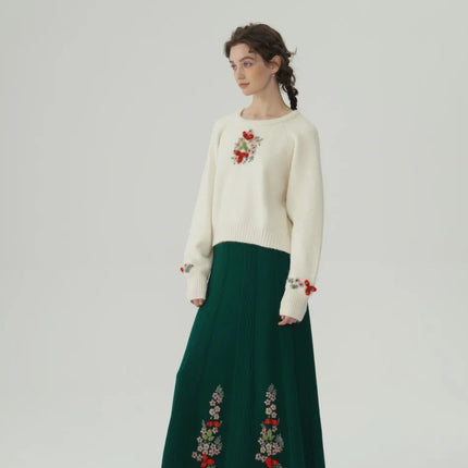 62-96cm Waist Fall Winter Long Skirts Women Elegant Handmade Embriodery Crochet Red Fruit Cashmere Wool Knitted Emerald Skirts PlatiNum