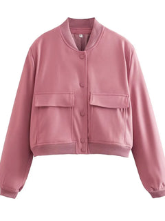 Women Fashion With Pockets Bomber Jacket Coats Vintage Long Sleeve Front Button Casual Female Outerwear Chic Tops