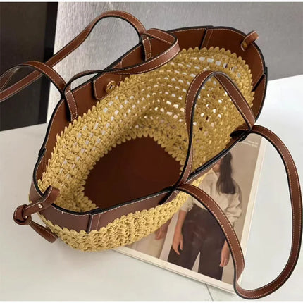 Women's 2-in-1 Woven Straw Bag Underarm Straw Bag with Adjustable Strap Large Capacity Dumpling Shoulder Bag for Summer Beach Bucket Bag