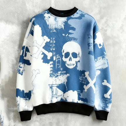 Men's Skull Print Sweatshirt Street Style Retro Graffiti Fashion Pullover Autumn Harajuku Style Casual Loose Crew Neck Top