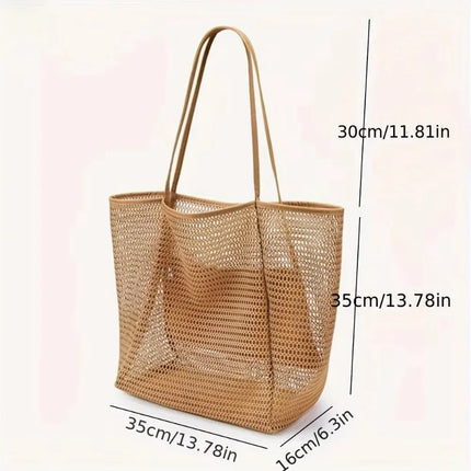 Large Capacity Beach Bag for Women - Durable Woven Polyester Open Top Shoulder Bag for Travel and Shopping