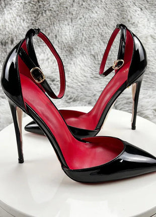 Black Patent Leather Women Ankle Strap Stiletto Pumps Pointed Toe Sexy High Heel Shoes 8cm 10cm 12cm Customize 33-46 PlatiNum