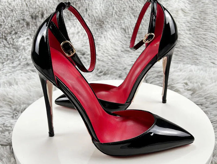 Black Patent Leather Women Ankle Strap Stiletto Pumps Pointed Toe Sexy High Heel Shoes 8cm 10cm 12cm Customize 33-46 PlatiNum