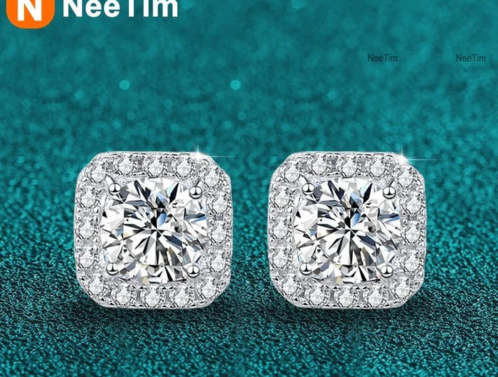 Neetim Real 0.5-1 Carat D Color Moissanite Stud Earrings For Women 100% 925 Sterling Silver Sparkling Earring Wedding Jewelry PlatiNum