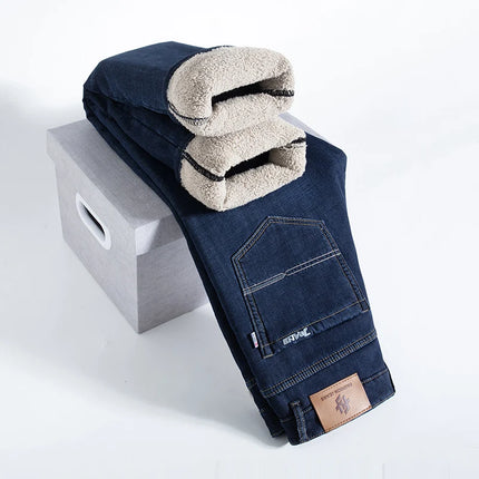 Soft Comfort Thicken Elastic Jeans Male Winter Warm Fleece Work Trousers Men Plush Wool Stretch Loose Straight Denim Pants