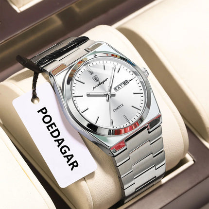 POEDAGAR Orologio da polso al quarzo da uomo di lusso Impermeabile luminoso Data Settimana Orologio da uomo Orologi da uomo d'affari in acciaio inossidabile platinumshop