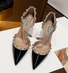 【Please measure your foot length before ordering】Women's High Thin Heel Rivet Pointed Toe Sandal, Elegant Party Shoe 118-CHC-33
