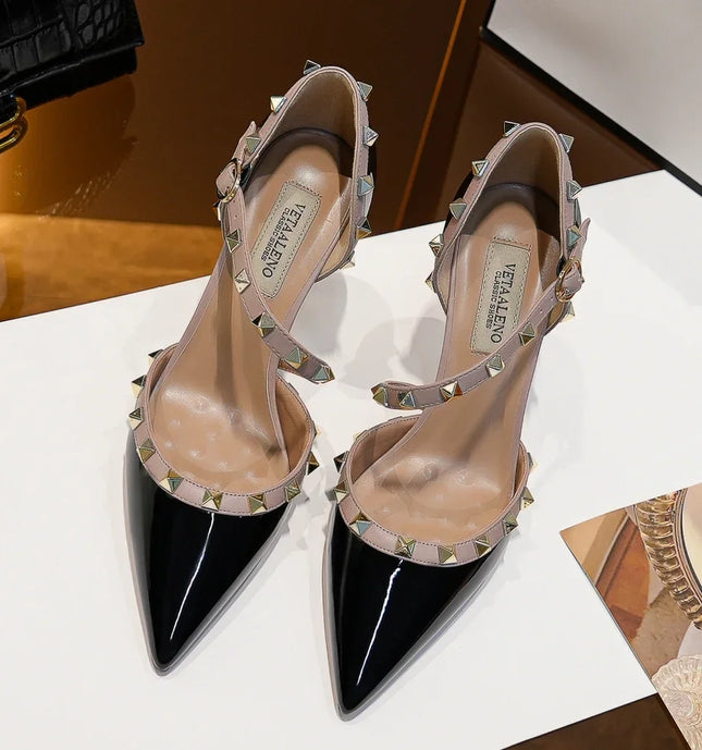 【Please measure your foot length before ordering】Women's High Thin Heel Rivet Pointed Toe Sandal, Elegant Party Shoe 118-CHC-33