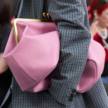 Fashion Large Kisslock Clutch Bag for Women Designer Clip Shell Women Shoulder Bags Luxury Soft Pu Leather Pink Color Handbags PlatiNum