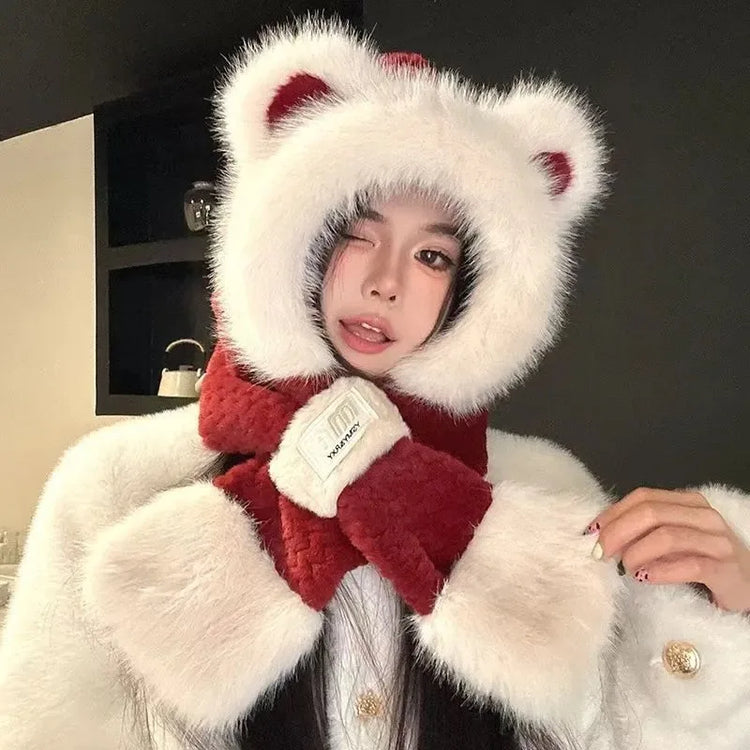 Women's Hat Beanie Balaclava Winter Cap Winter Women's Cute Thickened Fox Plush Hat Scarf Glove Three-in-one Cycling Warmth