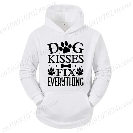 Dog Lover Hoodies Funny Quote "Dog Kisses Fix Everything" Pet Paw Print Graphic Sweatshirts Long Sleeve Hoody Autumn Hoodie Gift