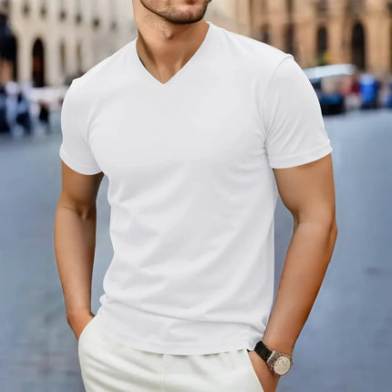 2025 New Men's Casual Fashion Simple V-neck Short Sleeved T-shirt Summer Comfortable Breathable Versatile Top PlatiNum