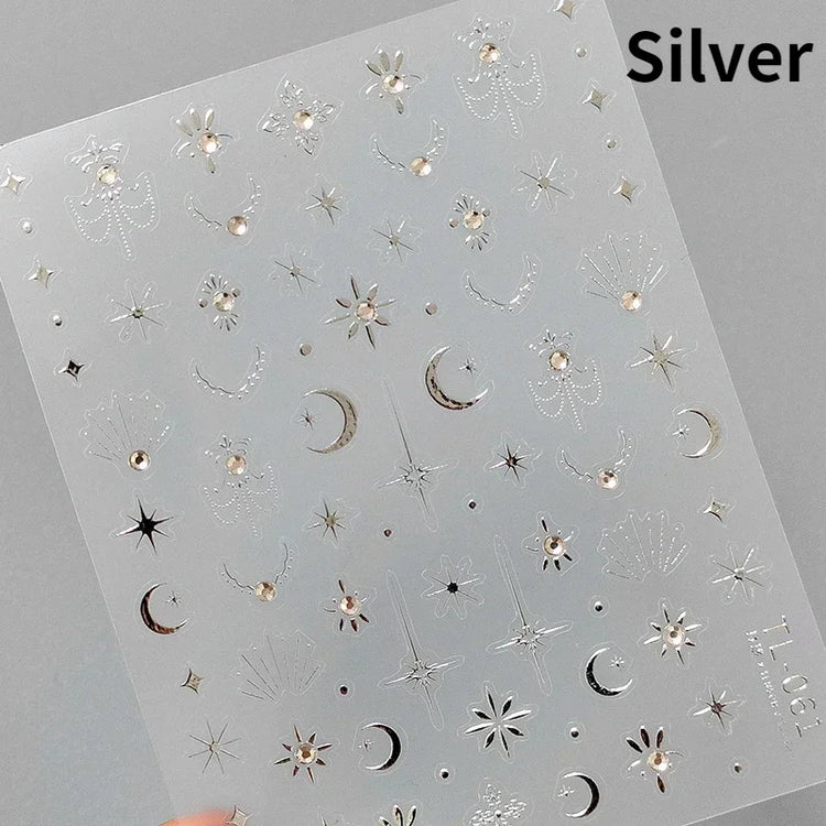 Punk Glitter Powder Blue Pink Star Charm Laser Silver Gold Starlight Rhinestones Moon DIY Nail Art Stickers Manicure Tool Decals
