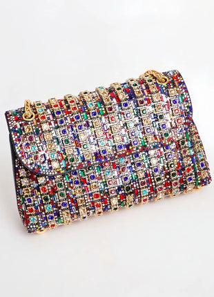 Fashionable Retro Diamond Studded Gold Chain Women's Crossbody Bag Handbag Dinner Bag Underarm Bag Single Shoulder Bag PlatiNum