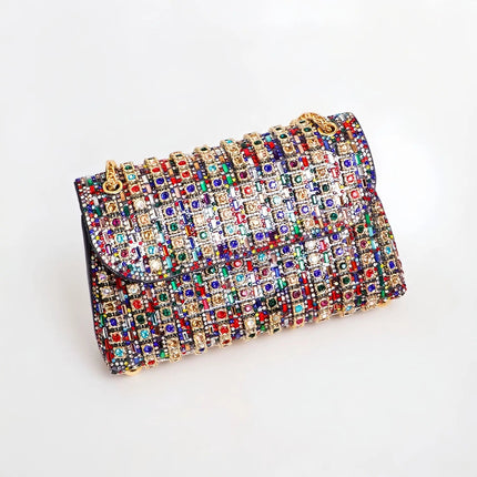 Fashionable Retro Diamond Studded Gold Chain Women's Crossbody Bag Handbag Dinner Bag Underarm Bag Single Shoulder Bag PlatiNum