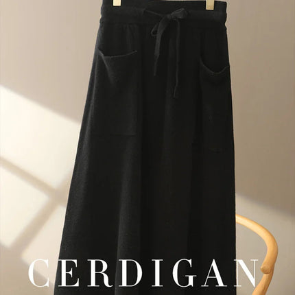 Autumn And Winter100% Pure Wool Skirt Women's Long Pocket Small A Skirt High Waist Slim Cashmere Knit A-Line Skirt PlatiNum