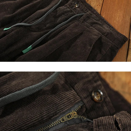 Autumn Winter Classic Cotton Corduroy Casual Mens Pants Comfortable Retro Big Pocket Drawstring Cargo Trousers AZ324