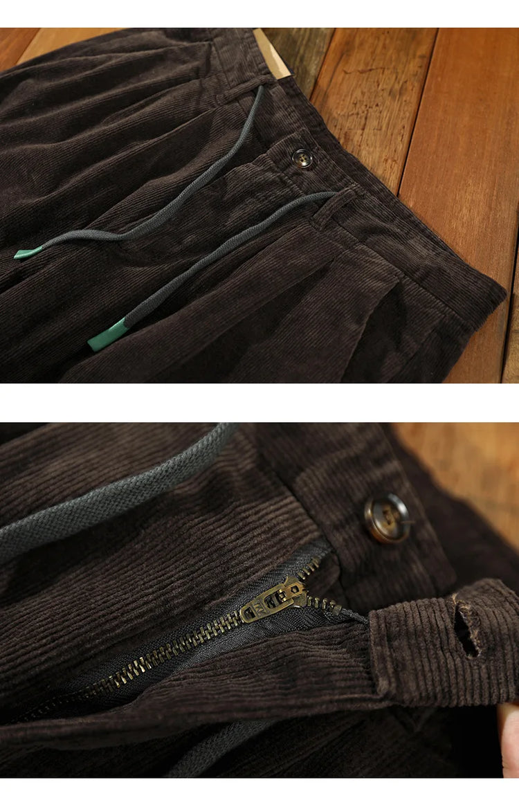 Autumn Winter Classic Cotton Corduroy Casual Mens Pants Comfortable Retro Big Pocket Drawstring Cargo Trousers AZ324