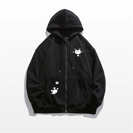 Spring And Autumn Thin Collection Fashion Trends Versatile Casual Lazy Wind 2025 New Cute Girl Zipper Fun Cat Print Hooded