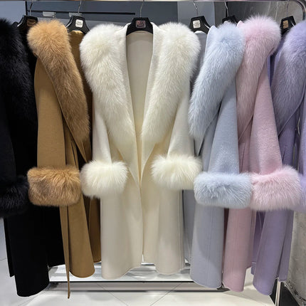 YOLOAgain Women's 100% Wool Coat Long With Detachable Real Fox Fur Collar 2025 Autumn Elegant Double-Sided Wool Coat
