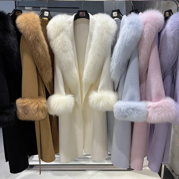 YOLOAgain Women's 100% Wool Coat Long With Detachable Real Fox Fur Collar 2025 Autumn Elegant Double-Sided Wool Coat