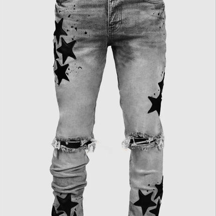 Vintage Star Print Stretch Punk Style Ripped Jeans Men's Streetwear Fashion Pocket Male Youth Daily Casual Denim Pencil Pants PlatiNum