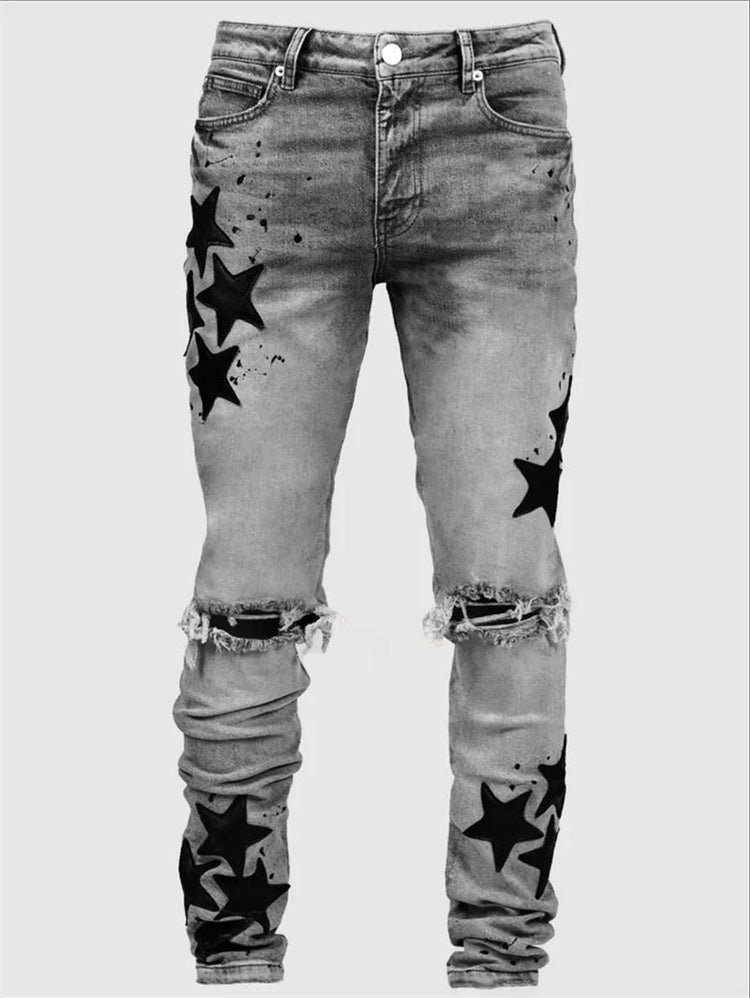 Vintage Star Print Stretch Punk Style Ripped Jeans Men's Streetwear Fashion Pocket Male Youth Daily Casual Denim Pencil Pants PlatiNum