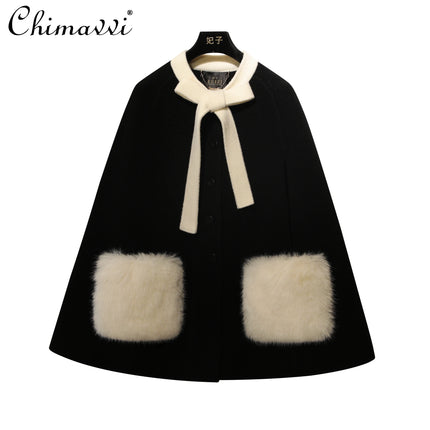 French Elegant Socialite Cape Jacket Plush Pocket Round Neck Bow Single-breasted Loose Versatile Woolen Cloak Coats Women Winter