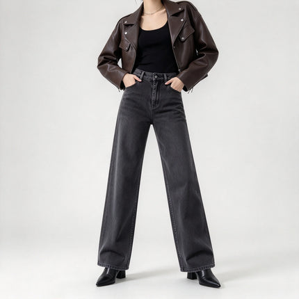 Women’s high-waisted, wide-leg jeans in smoky grey with a uniform wash; elegant, minimalist, relaxed-fit wide-leg denim, suitable for casual office wear and everyday outings FX-1338-5