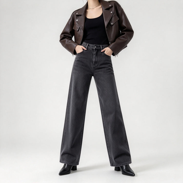 Women’s high-waisted, wide-leg jeans in smoky grey with a uniform wash; elegant, minimalist, relaxed-fit wide-leg denim, suitable for casual office wear and everyday outings FX-1338-5